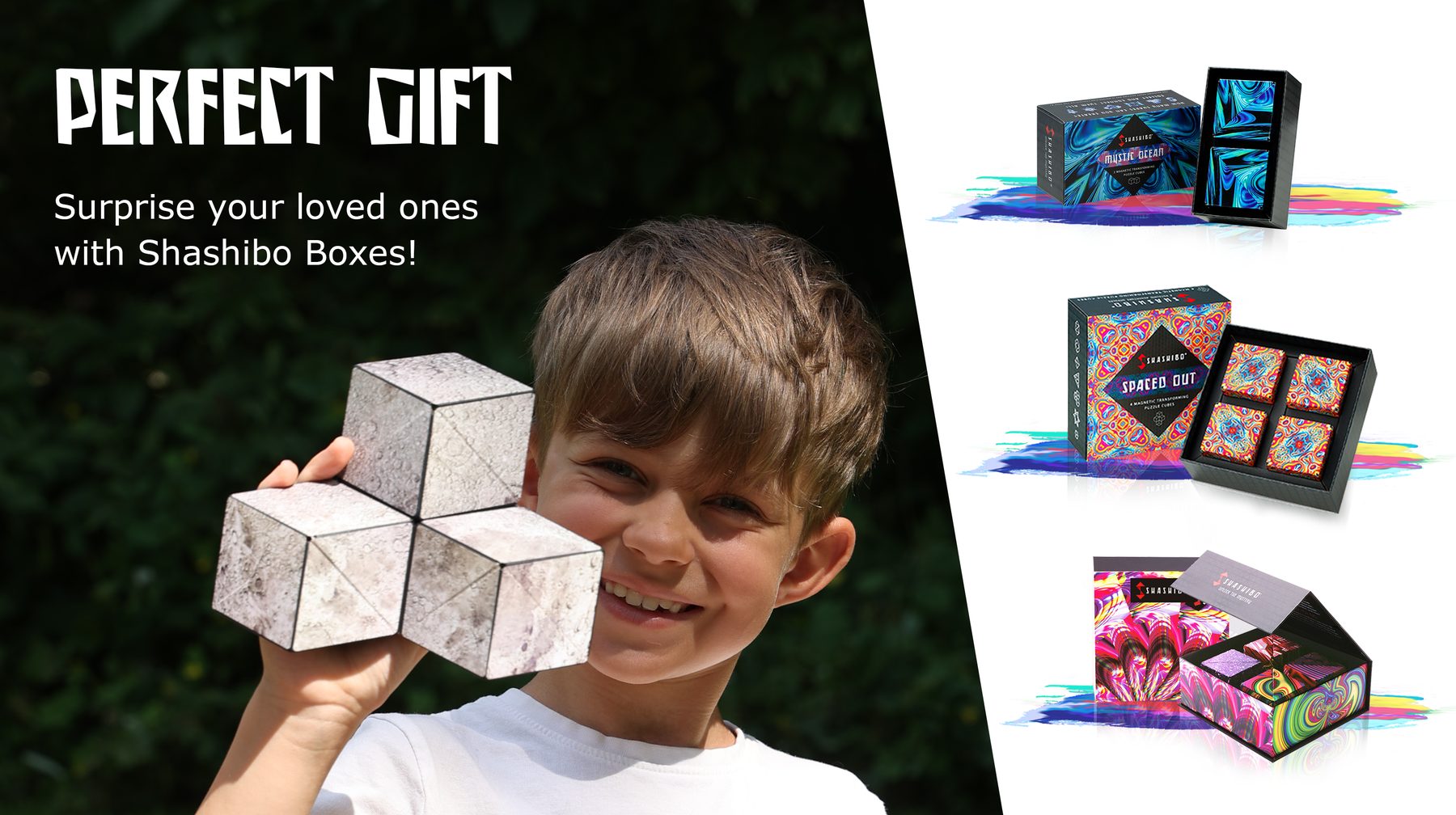 Boy holding Shashibo cubes next to gift boxes